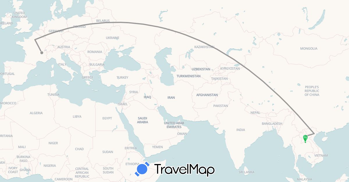 TravelMap itinerary: bus, plane in France, Laos, Vietnam (Asia, Europe)